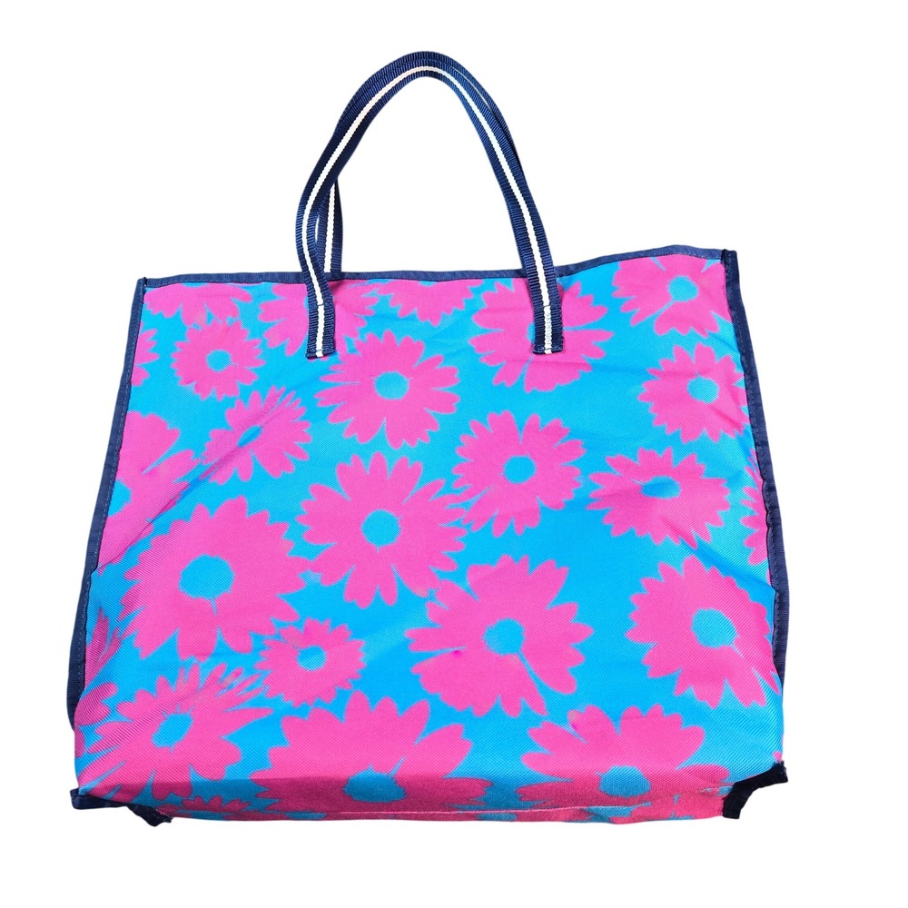 Estee Lauder Floral Tote Bag Blue Pink Daisy Print Beach Shopping Bag